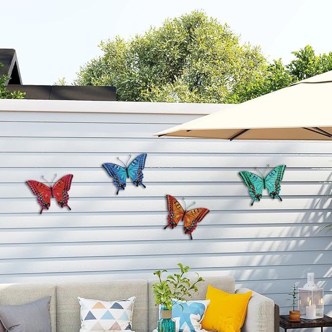 4 Pack Butterfly Wall Decor Art, Vivid Butterflies Outdoor Metal Wall Art with Colorful Pattern, Outdoor Garden Yard Fence Patio Decor Gift for Women Mom