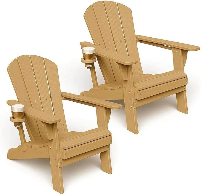 GLANC Folding Adirondack Chair Set of 2, HDPE All-Weather Outdoor Patio Fire Pit Chairs Lawn Chair for Poolside Backyard Deck Balcony, Wooden Textured with Cup Holder, 380LBS Capacity (Brown)