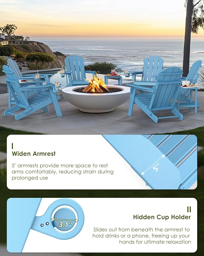 GREENVINES Folding-Adirondack-Chairs-Set-of-2 | HDPE Plastic | Fire Pit Chair | All Weather | Cup Holder | Arctic | for Deck Backyard Patio Outdoor Garden