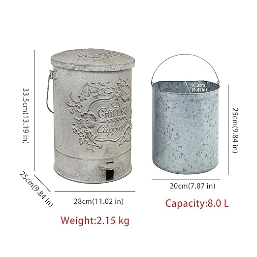 Z&Z ornamentorum Outdoor Small Trash Can with Lid Dog Poop Trash Can Outside for Kitchen Park Garden and Pedal Round Touchless Garbage with Flower and Bird Patterns Gray