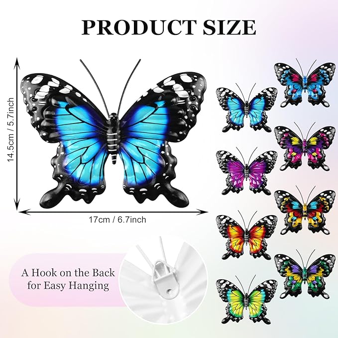 8 Pack Metal Butterfly Wall Decor, 6.7" 3D Outdoor Fence Wall Art Decor, Butterflies Wall Sculpture Hanging Decorations for Garden Yard Living Room Bedroom Patio Balcony, Gifts for Mom Friends