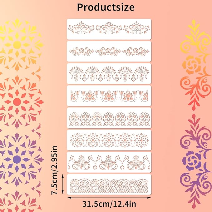 Prasacco 8-Piece Flower Border Stencils - Ornate Mandala Stencils for Painting on Wood, Canvas, Paper, Fabric, Cake, Wall