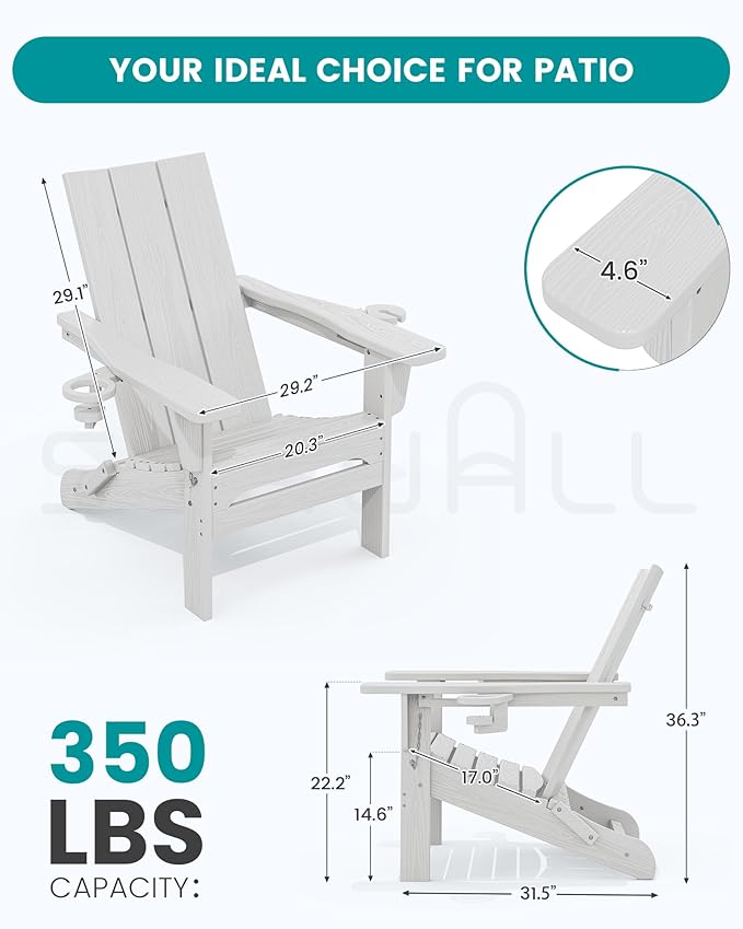 SERWALL Modern Folding Adirondack Chair with Cup Holders, All Weather Resistant Outdoor Adirondack Chair, HDPE Fire Pit Chair for Patio Lawn Graden, White
