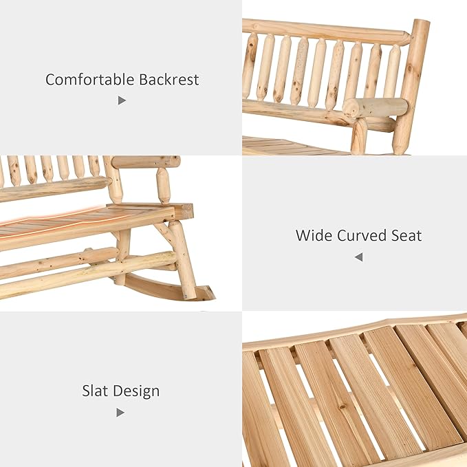 Outsunny 2-Person Wood Rocking Chair with Log Design, Heavy Duty Loveseat with Wide Curved Seats for Patio, Backyard, Garden, Natural
