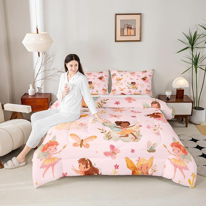 Erosebridal Pink Fairy Twin Comforter Set - Butterfly Floral Cute Bedding Sets for Girls Kids, Fairies Garden Flowers Bed Set | Aesthetic Flower Princess Room Decor with 1 Pillowcase
