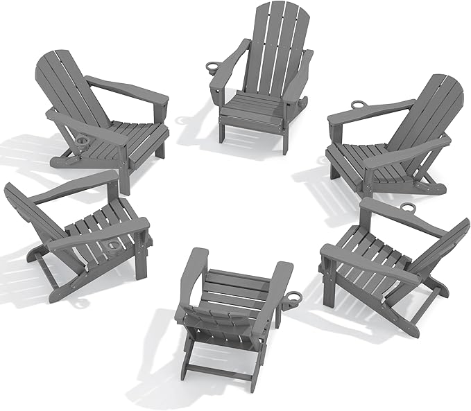 SERWALL Folding Adirondack Chair Set of 6, Adjustable Adirondack Chair with 3 Recline Positions, All Weather HDPE Outdoor Adirondack with Cup Holders, Gray