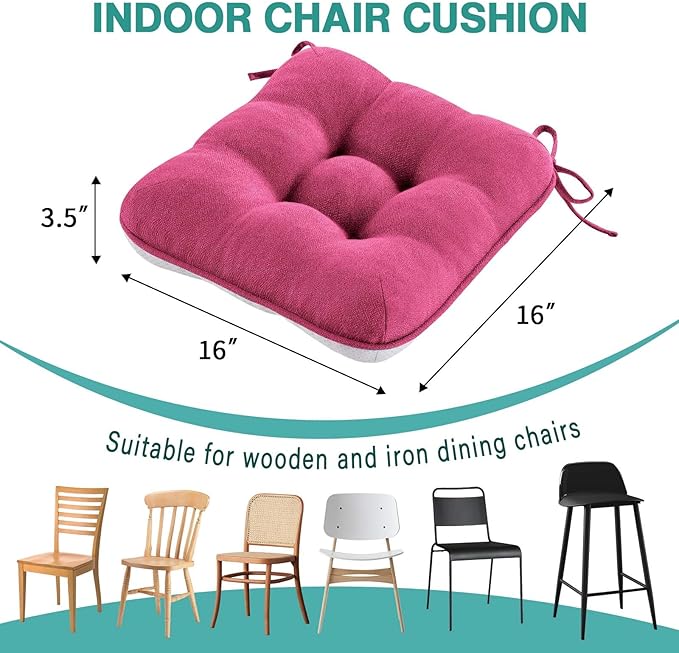 BETU Chair Cushions for Dining Chairs Set of 6,3.5" Thick Kitchen Table Chair Pads with Ties,Non Slip Backing and Covers, Seat Cushion for Dining Room,Bar,Patio Chairs,16"X16"X3.5",Hot Pink