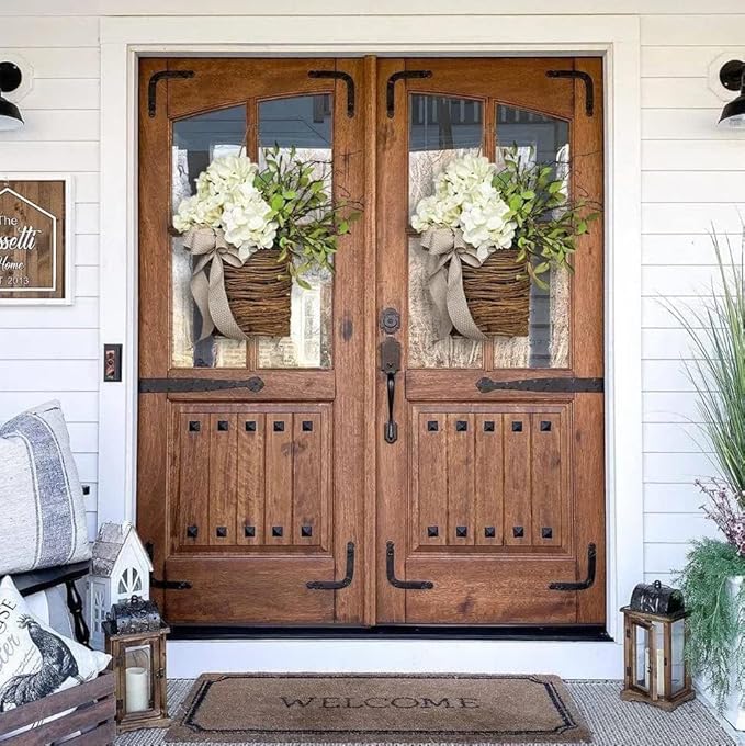 Cream Hydrangea Door Hanger Basket, 2025Wildflowers Door Hanging Basket, Front Door Beautiful Artificial Spring and Summer Wreath Welcome Sign, Home Porch Farmhouse Decor (A1)