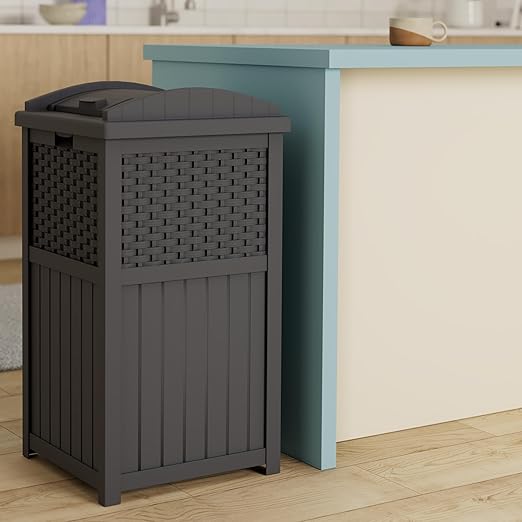 Suncast 33 Gallon Wicker-Style Hideaway Trash Can with Secure Latching Lid and Weather-Resistant Construction for Patio, Cyberspace Grey, Made in the USA