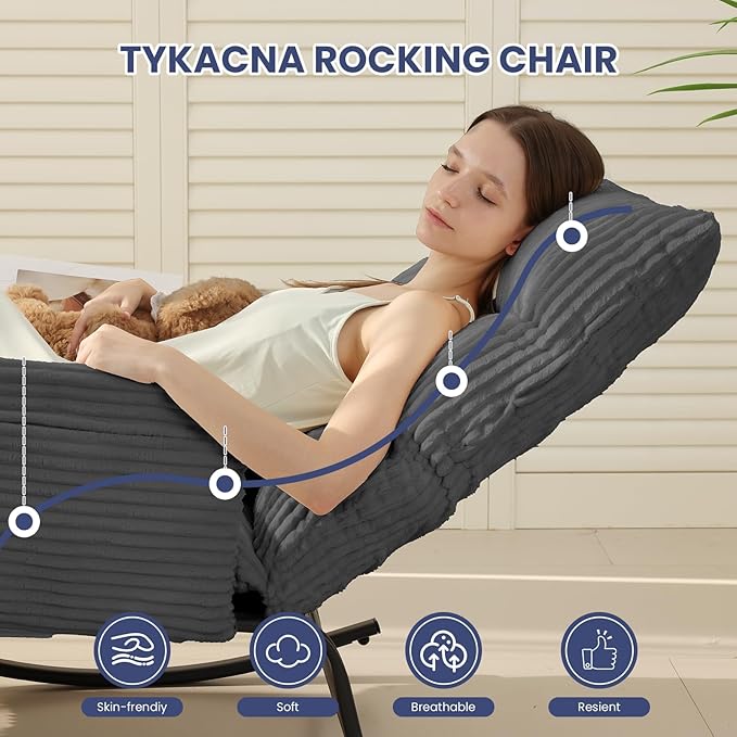 Oversized Rocking Chair with Adjustable Backrest and Footrest, Outdoor Reading Chair - Chaise Lounge Chair Indoor, Comfy Corduroy Rocking Chair for Patio, Porch, Balcony, Living Room