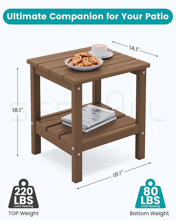 SERWALL 2-Tier HDPE Outdoor Side Tables Set of 2, Weatherproof Rectangular Adirondack Side Table, Brown