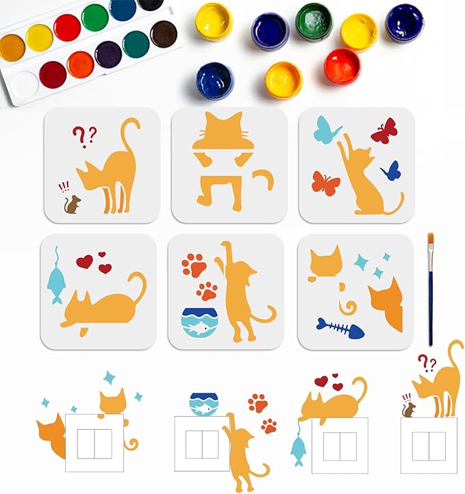 MAYJOYDIY 6pcs Cat Playing Stencils - 66inch Mice Fish Butterfly Drawing Painting Stencil with Paint Brush - Reusable Cute Cat Paw Templates for Wall Window Home Decor DIY Crafts Ornaments