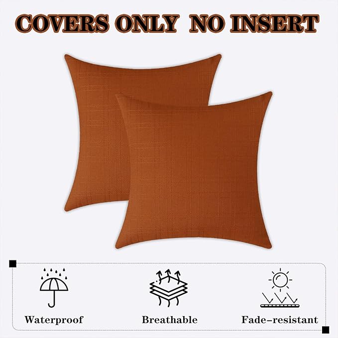 Kevin Textile Pack of 2 Outdoor Waterproof Pillow Covers Checkered Decorative Cushions Sham Throw Pillowcases Shell for Patio Tent Garden Couch Bed Sofa 22x22 Inch Burnt Orange