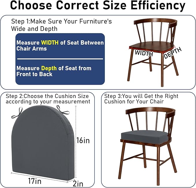Topotdor Outdoor Chair Cushions Set of 2, 17"x16"x2" Waterproof Patio Chair Cushions for Outdoor Furniture, Round Corner Outdoor Seat Cushions Color Fastness Chair Pads with Ties, Dark Gray