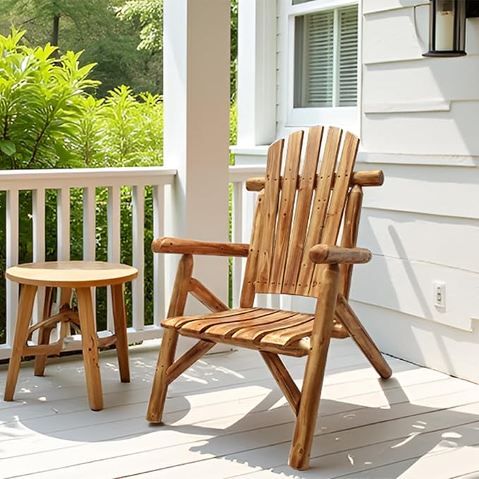 DJL Adirondack Wooden Chair Set of 2 Outdoor Patio Lounge Log Cabin Furniture Rustic Solid Wood Comfortable Seating for Porch, Balcony, Lawn, Fire Pit, Deck, Brown, 42.12 Inches Tall