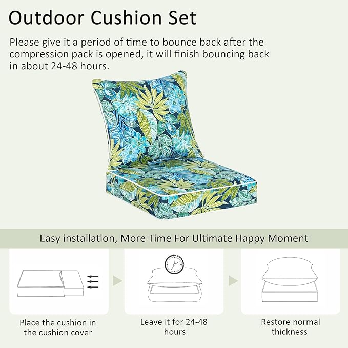 COZYVIDA Outdoor Deep Seat Cushion Set of 2, 24"x24" Seat & 25"x22.5" Back, C0 Water-Resistant Breathable Polyester, UV-Resistant 1000+ Hrs, 30D Foam,YKK Zippers,Jungle Floral
