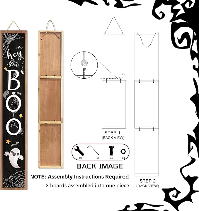 Halloween Welcome Sign for Front Porch Standing, BOO Wooden Porch Sign for Door Decorations, Farmhouse Hanging Wall Sign for Halloween Happy Outdoor Garden Decor 47.2"H - Black