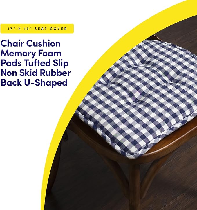 Sweet Home Collection Chair Cushion Memory Foam Pads Tufted Slip Non Skid Rubber Back U-Shaped 17" x 16" Seat Cover, 12 Pack, Checkered Navy/White