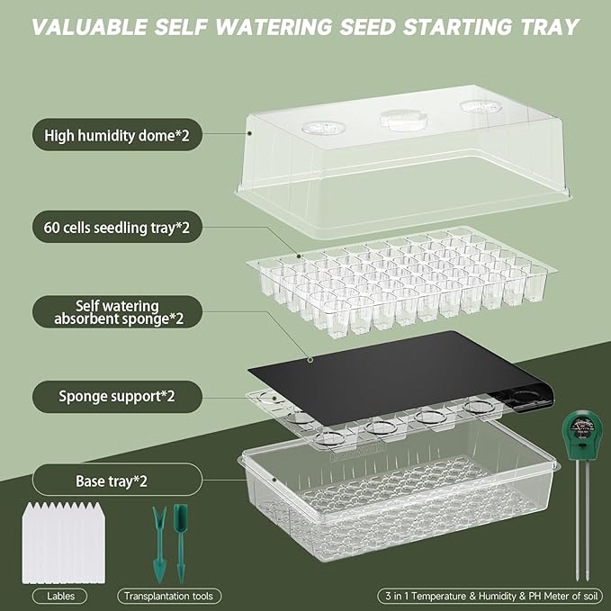 Self-Watering Seed Starter Tray, Seed Starter Kit Self Water, Germination Trays for Seed Starting with High Humidity Domes (Tray, 120 Cells)