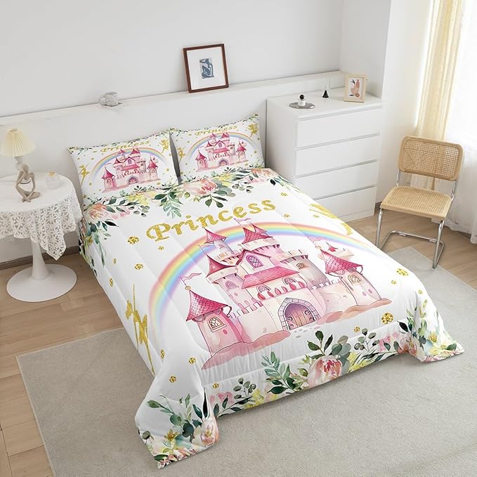 Erosebridal Princess Comforter Set Queen for Girls,Pink Fairy Castle Bedding Set,Fairy Garden Flower Quilt Bed Set,Cute Rainbow Kids Comforter Sets Reversible,Gifts for Women Girls Bedroom Decor