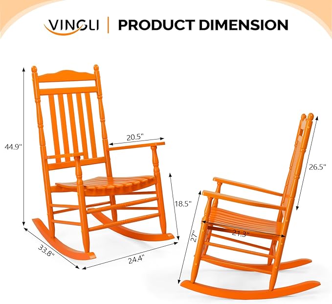 VINGLI Wooden Rocking Chair Outdoor, Patio Rockers with High Back, Support 450 LBS Rocking Chairs, for Porch, Patio, Balcony, Garden, Yard (Orange, 2 PCS)