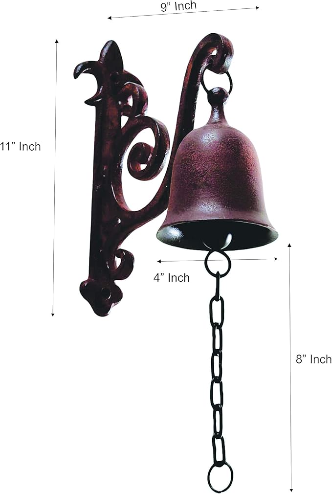 Vintage Cast Iron Dinner Bell as Entry Door Bell, Outside Hanging Decor or Indoor Decoration Wall Antique Farm and Front Gate Bell, Brown