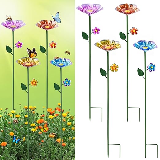 4 Pack Bee Watering Station, Bee Bath for Garden, Colorful Metal Bee Bird Butterfly Water Feeder Supplies for Outdoor Garden Yard Farm Decor Flower Design (Blue, Yellow, Orange, Purple)