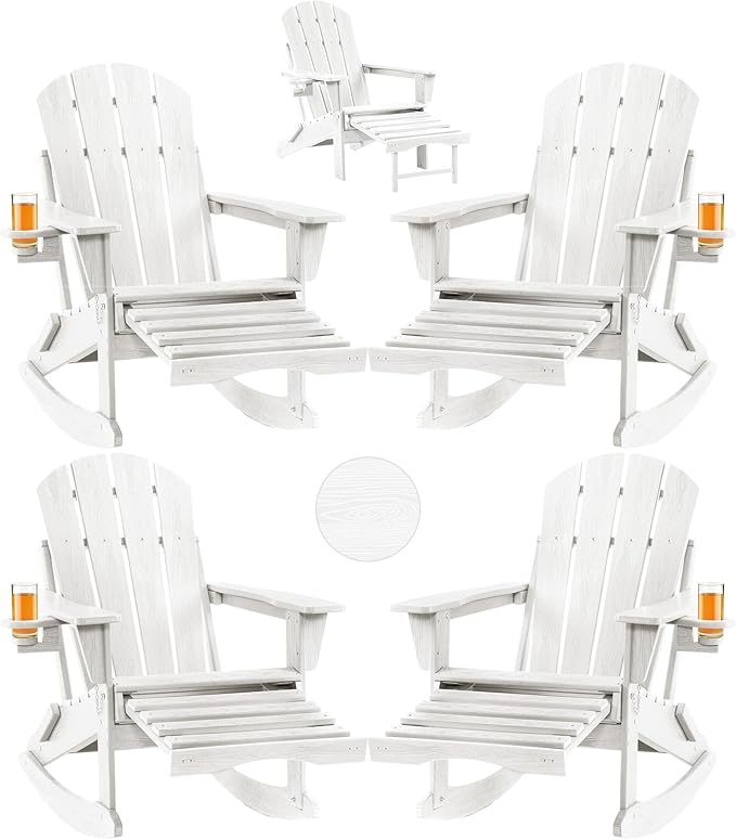 Folding Adirondack Rocking Chair Set of 4,4-in-1 Multifunctional Patio Chairs with Retractable Ottoman, Outdoor Chairs Wood Texture, Lawn Chair for Porch, Backyard, Pool(White)