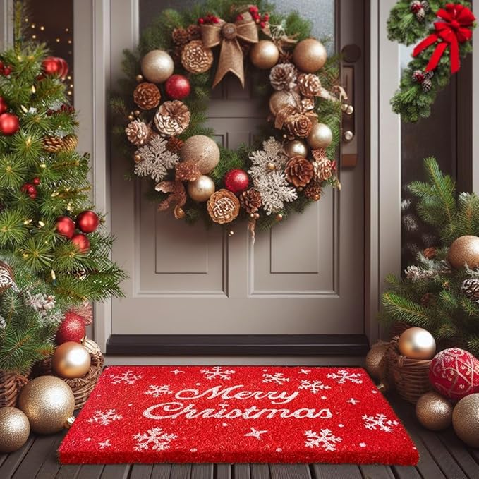 LuxUrux Premium Christmas Door Mat Outdoor - Elegant Coir Holiday Door Mat, Absorbent and Non-Slip for Outdoor Entrances Front Door- Merry Christmas. (Merry Christmas-Script)