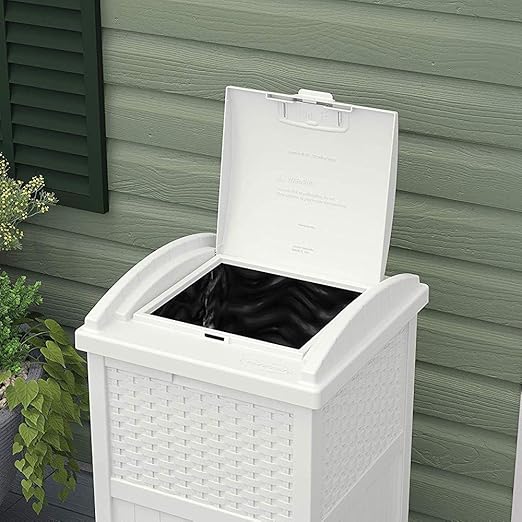 Suncast Hideaway Outdoor Trash Can with Lid - 30 Gallon Trash Can, White, Decorative Wicker-Style Garbage Bin, Weather-Resistant Resin, Fits 30-33 Gallon Bags, Ideal for Patio & Yard, Made in USA