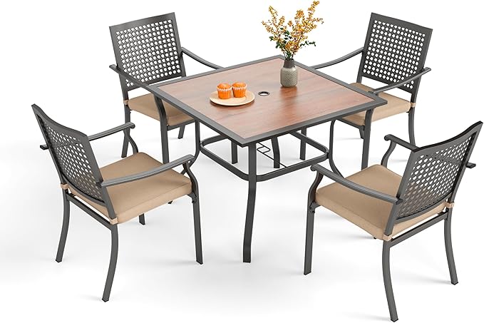 PHI VILLA 5 Pieces Outdoor Dining Set for 4, Stackable Chairs with Cushions & 37" Square Patio Wood-Like Table with Umbrella Hole, Modern Furniture Set for Deck, Patio,Yard,Porch
