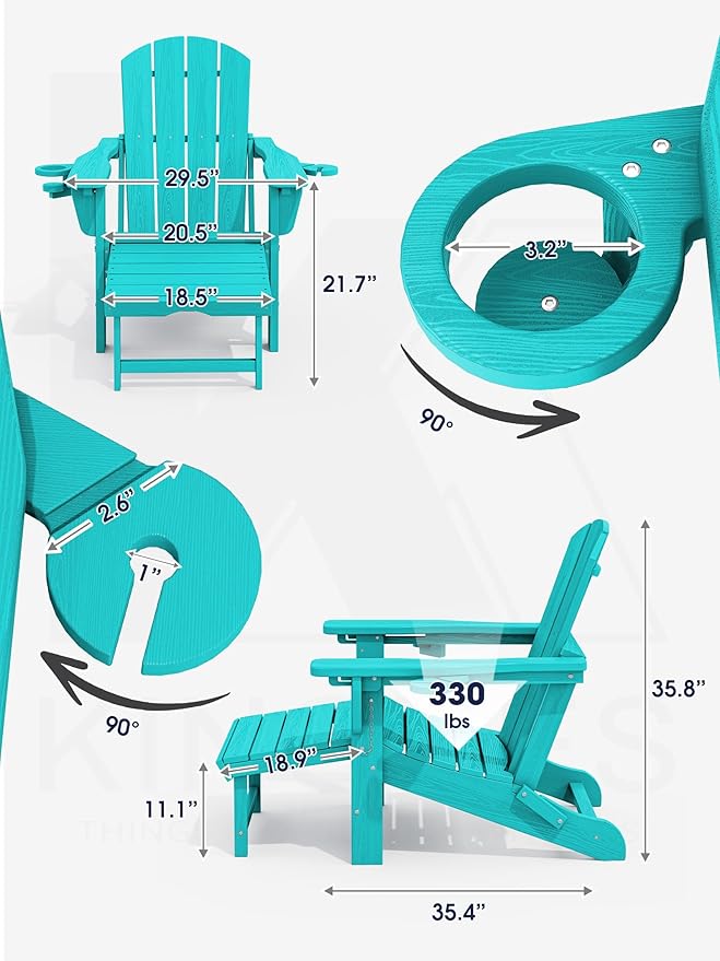 KINGYES Folding Adjustable Adirondack Chair with Ottoman & 2 Cup Holders, HDPE Adirondack Recliner Chair with Footrest, Aruba