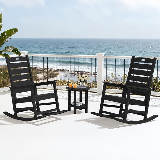 SERWALL Oversized Outdoor Rocking Chair, HDPE Patio Rocking Chair with Footboard for Adults, All Weather Porch Rocker for Deck Patio Balcony, Black