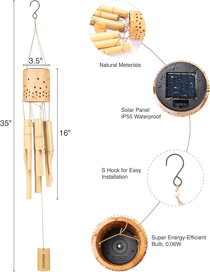 Bamboo Wind Chimes for Outside with Solar Accent Light, Outdoor Wooden Wind Chimes, 6 Bamboo Tubes, Deep Tone, Perfect for Patio, Garden, Porch, and Balcony Decor