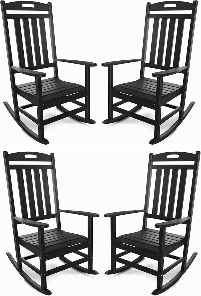 Outdoor Rocking Chair Set of 4, All-Weather Resistant Poly Lumber Rocker Chair Outdoor, High Back Plastic Patio Rocking Chairs for Outside Porch Rocker Garden Lawn, Black