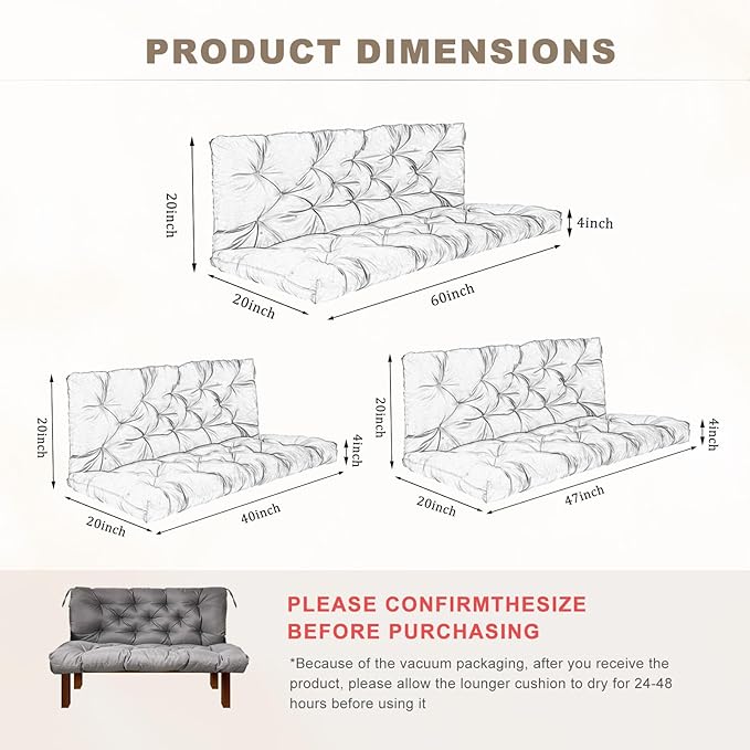 Porch Swing Cushion with Backrest,Waterproof Bench Cushion for Outdoor Furniture,2-3 Seater Replacement Thickened Swing Cushion with Ties,Patio,Outdoor,Backyard and Garden (Dark Gray,60x40)