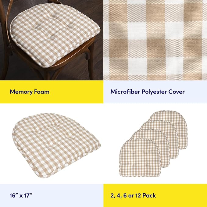 Sweet Home Collection Chair Cushion Memory Foam Pads Tufted Slip Non Skid Rubber Back U-Shaped 17" x 16" Seat Cover, 6 Pack, Checkered Taupe/White