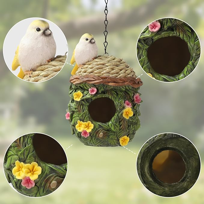 Bird Houses for Outside Bird Nesting Design Resin Birdhouse, Garden Outdoor Decor Bird House with Flower and Leaf Details, Birdhouses for Outdoors for Bluebird Finches Cardinals