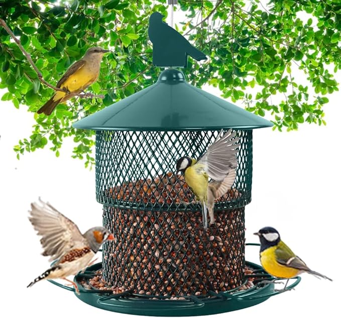 Metal Bird Feeder for Outside, Hanging Bird Feeders Squirrel Proof, 4 Lbs Capacity Iron Mesh Durable Wild Outdoor Birdfeeder with 6 Perches for Finch Cardinals,Gifts for Birds Lovers- Green
