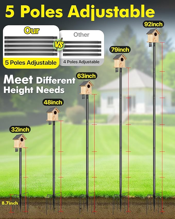 Smart Bird Feeder Pole Stand - 92 Inch Birdhouse Pole Heavy Duty Mounting Kits for Outdoor Metal Adjustable Bird Feeding Station for WildBird Watching Garden - Stable 7-Prong Base