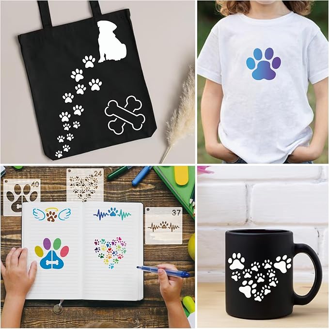 70pcs Small Paw Print Stencils for Painting on Wood Tiny Dog Cat Stencils and Patterns Animal Stencil Heart Template Paint Stencils on Art Craft Canvas Wall Fabric Rock(70 paw Print)