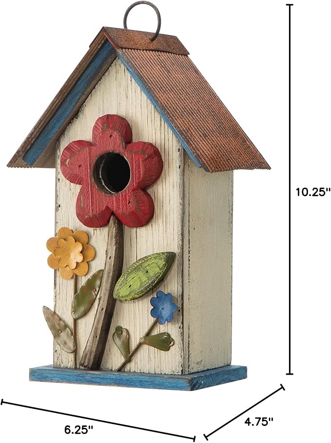 Glitzhome Bird House for Outdoor Hanging, 10.2" H Garden Decorative Birdhouse Pet Cottage Distressed Wooden Bird House for Outside, Bird Nest Box for Bluebird Wren Chickadee Sparrow, Flower White