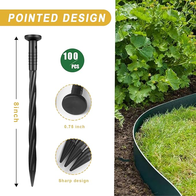 100 Pack 8 Inch Plastic Landscape Edging Anchoring Stakes Garden Lawn Yard Spikes Landscaping Stakes for Paver Edging, Weed Barrier, Tent, Artificial Turf