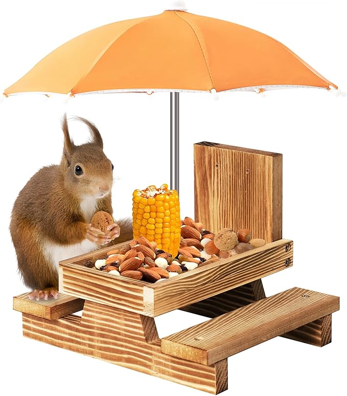 Gnodary Squirrel Feeder with Umbrella, Squirrel Feeders for Outside, Squirrel Picnic Table Feeder - Chipmunk Feeder Hold Corn, Corn Cob, Peanuts Style2 (Bright Orange)