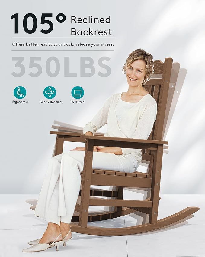 SERWALL Oversized Rocking Chair Set of 4 Outdoor, HDPE Outdoor Rocking Chair Set of 4, Brown
