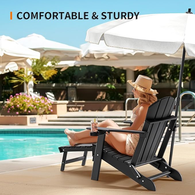 VINGLI Back-Adjustable Plastic Folding Adirondack Chairs Set of 2with Retractable Footrest & 2-in-1 Cup Holders, Waterproof HDPE Outdoor Fire Pit Chairs for Patio, Pool, Capacity 400 LBS, Black