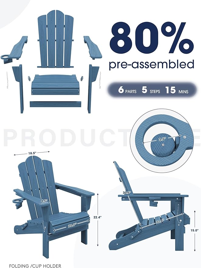 KINGYES Folding Adirondack Chair, HDPE All-Weather Patio Chairs with Cup Holder, Wooden Textured Fire Pit Chairs for Poolside, Backyard, Deck, Navy