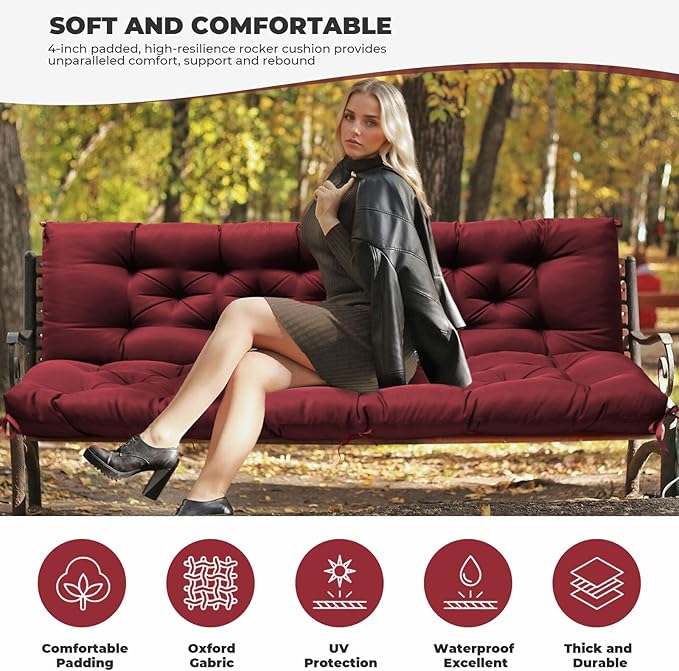 Porch Swing Cushions, Waterproof Swing Cushions Replacement with Backrest, Outdoor Swing Bench Cushions 2-3 Seater Replacement for Patio Furniture 60x40 (Red)