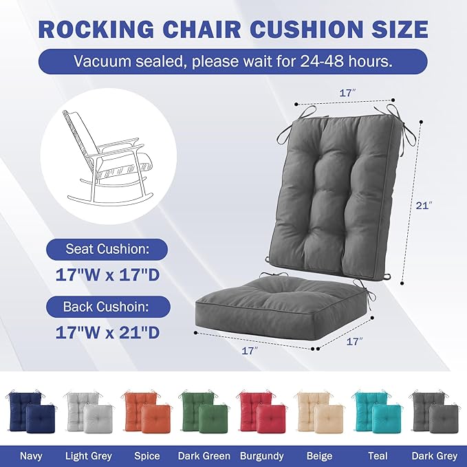 Rocking Chair Cushion, Waterproof and Fade-Resistant Patio Chair Cushions, Tufted Chair Pads for Rocker Furniture, 17x17 Inch, Indoor/Outdoor Seat Cushions with Ties, Dark Grey