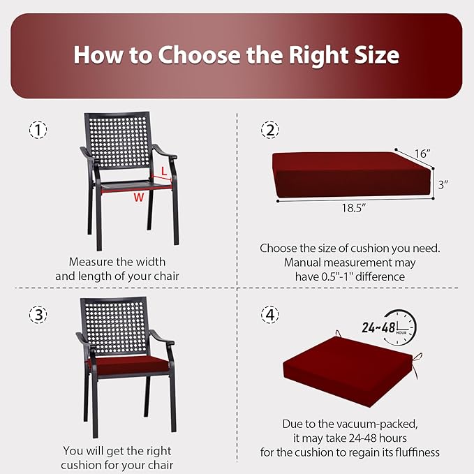 Outdoor Chair Cushions Set of 6, 18.5 x 16 Inch Patio Chair Cushions for Outdoor Furniture, Water Resistant Cushions with Non-Slip Ties(Dark Red)